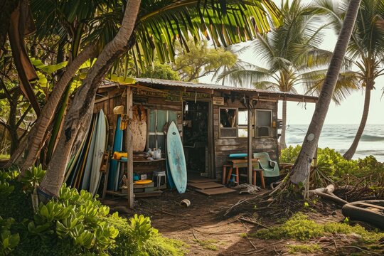 Surfer's beach shack with surfboards strewn all around, Surfer's beach  background, Ai generated