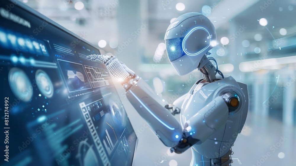 Poster A robot is interacting with a computer monitor