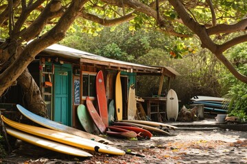 Surfer's beach shack with surfboards strewn all around, Surfer's beach  background, Ai generated