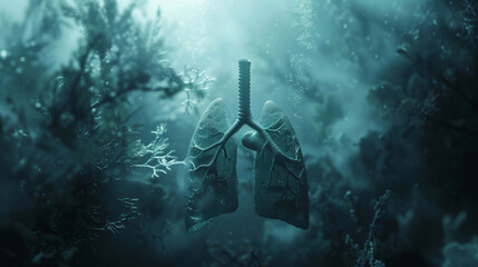 realistic photo of human lungs in a magical underwater world, foggy atmosphere, soft lighting, teal and gray color palette, dreamy and mysterious mood