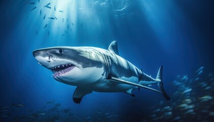 Fototapeta premium The great White Shark in the ocean, portrait of White shark hunting prey in the underwater