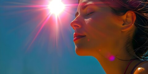 Woman experiencing health issues due to summer heat under the hot sun against the sky. Concept Sun Safety, Heat Exhaustion, Summer Health Tips, Dealing with Heat, Sun Protection