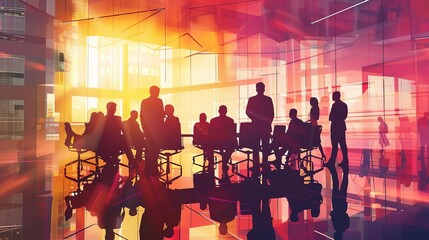 diverse business professionals collaborating in a modern glass conference room digital illustration