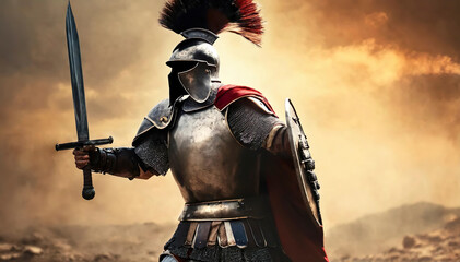 Naklejka premium Spartan man in gladiator helmet and red long cloak standing with steel shield and iron spear, sword in hands. Strong roman warrior in battle dress. 1 one, alone greek legionary soldier ready to fight.