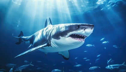 The great White Shark in the ocean, portrait of White shark hunting prey in the underwater