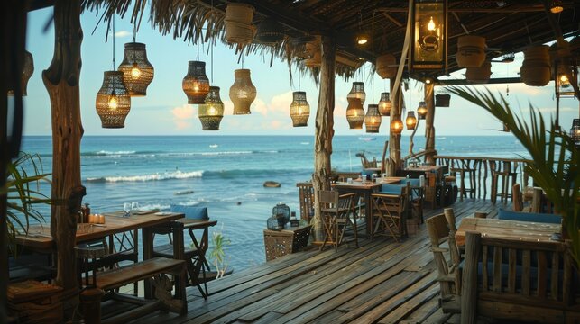A beachfront restaurant with a view of the ocean