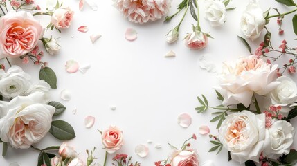 elegant floral wreath with roses and mixed flowers wedding invitation mockup on white background blank space template