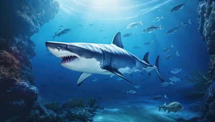 Naklejka premium The great White Shark in the ocean, portrait of White shark hunting prey in the underwater