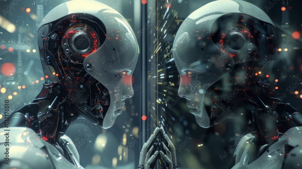 Poster two robots are reflected in a mirror, one of which has red eyes