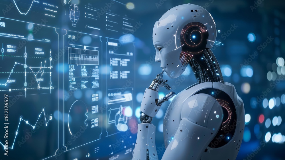 Aufkleber A robot is looking at a computer screen with a question mark on its face