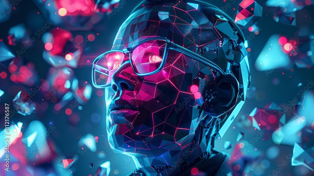 Poster A man's face is shown in a computer generated image with a lot of colorful