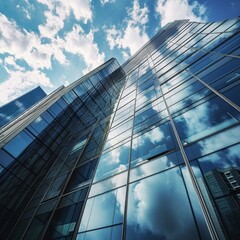 Obraz premium Reflective skyscrapers, business office buildings, photography of glass curtain wall details of high-rise buildings. The window glass reflects the blue sky and white clouds, AI generated