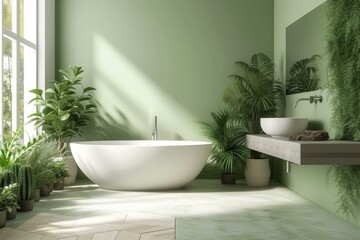 Fototapeta premium Airy Modern bathroom morning. Mirror indoor. Generate Ai