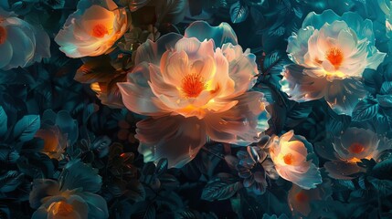 enchanting luminous flowers bloom amidst shadowy foliage in mesmerizing digital art composition abstract background