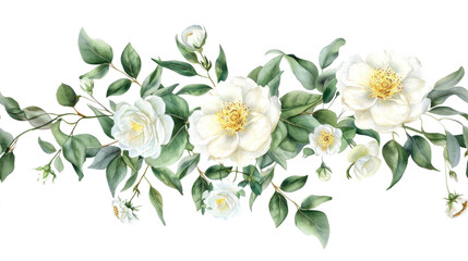 Fototapeta premium Watercolor floral frame - green leaves, burgundy maroon blush white flowers leaf branches.