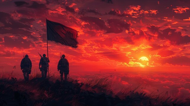 The flag of Day of Valor (Araw ng Kagitingan) silhouetted against a dramatic sunset.