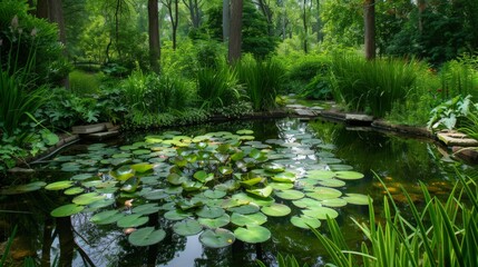 Fototapeta premium Serene pond with lily pads and surrounding greenery, a hidden gem in the heart of a lush garden