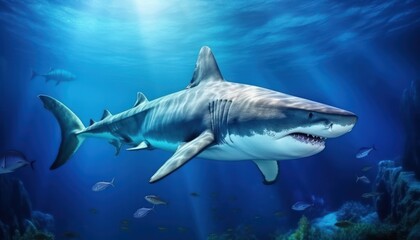 Fototapeta premium The great White Shark in the ocean, portrait of White shark hunting prey in the underwater