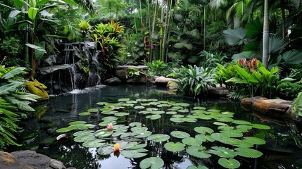 Serene pond with lily pads and surrounding greenery, a hidden gem in the heart of a lush garden