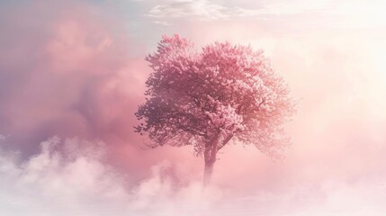 ethereal pink tree in cloudy background blurred bottom and white smoke effect