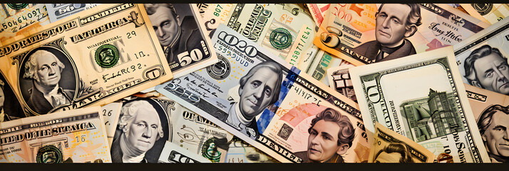 Array of Various Denominations of United States Currency Notes Displaying Financial Theme
