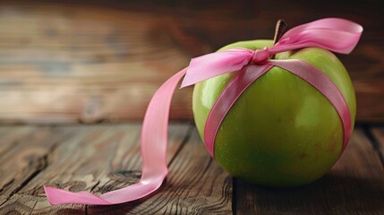 Capture a vibrant close up shot showcasing a green apple with a pink ribbon elegantly encircling it against a rustic wooden table backdrop This image symbolizes themes of health nutrition di