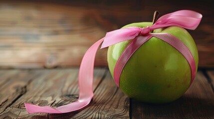 Capture a vibrant close up shot showcasing a green apple with a pink ribbon elegantly encircling it against a rustic wooden table backdrop This image symbolizes themes of health nutrition di - Powered by Adobe