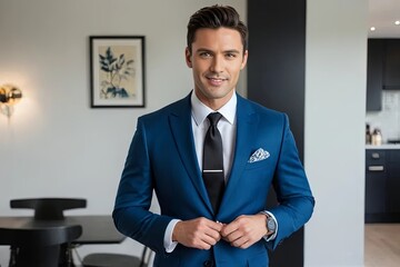 Naklejka premium Man in blue blazer and tie stands in living room, smiling
