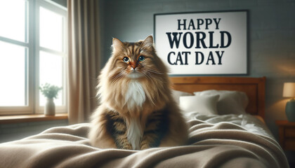 Fluffy cat posing on bed, Happy World Cat Day poster