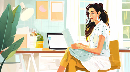 Focused female entrepreneur working on laptop in a sunny home office