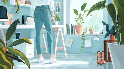 Young professional woman adjusting plant in a bright workspace