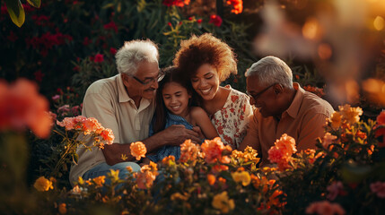 Four generations of family members posing together in a blooming flower garden, their smiles radiating the warmth of their bond. Dynamic and dramatic composition, with copy space