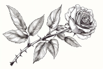 Sketch. Illustration of a hybrid tea rose with leaves and thorns in black and white. Sympathy card. Generative AI