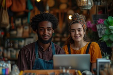 Obraz premium Online Entrepreneurs: Youthful Duo Managing Storefront Digitally