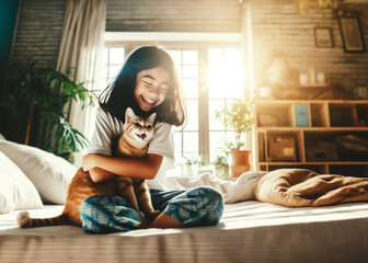 Young woman lovingly hugging her cat at home