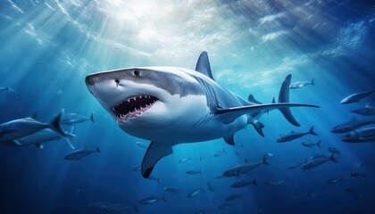 Fototapeta premium The great White Shark in the ocean, portrait of White shark hunting prey in the underwater