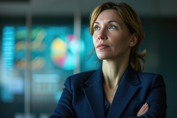 Obraz premium Analyzing Risk: Professional Woman in Dark Blue Suit