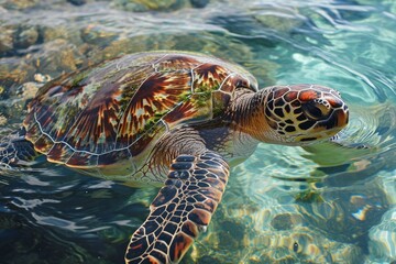 Fototapeta premium Turtle, Underwater wildlife panorama Coral reef with wild sea turtles , AI generated