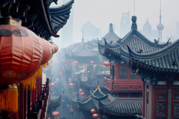Shanghais Traditional Chinese buildings decorated with lanterns along the city's waterway....