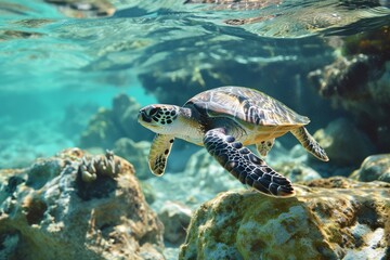 Fototapeta premium Turtle, Underwater wildlife panorama Coral reef with wild sea turtles , AI generated