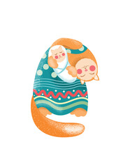 Mom cat with a small kitten in her arms who is sleeping. Vector. Children's illustration.