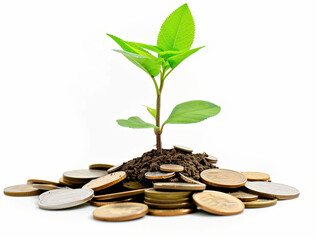 A plant growing from a pile of coins, symbolizing investment growth isolated on white background, simple style