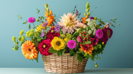 Exquisite Basket of Mixed Blooms with Bright Dahlias on Blue Background