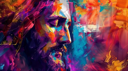 expressive abstract portrait of jesus christ in vibrant colors conveying spiritual essence digital painting