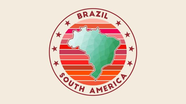Brazil intro video. Badge with the circular name and map of the country in low poly tech geometric style. Amazing country round logo animation.