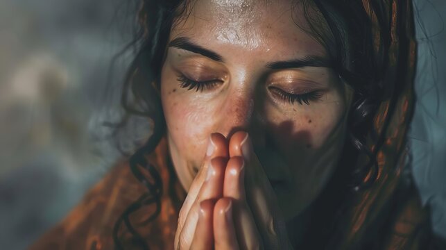 faithful young woman praying closeup portrait spiritual biblical character concept