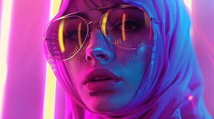 fashionable genz arabic female in neon vaporwave style digital illustration