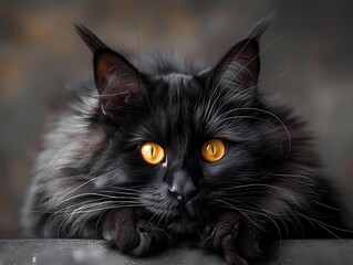 black cat with yellow eyes, Maine Coon.