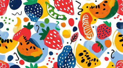 A creative art piece showcasing colorful fruit including watermelon Citrullus on a vibrant blue background. The artwork features a pattern of circles and vibrant colors AIG50