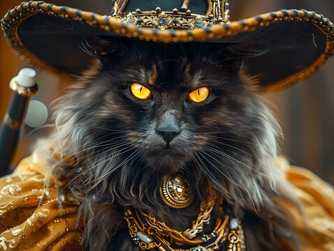 black cat with yellow eyes, Maine Coon, wearing a hat, wild west style gangster.